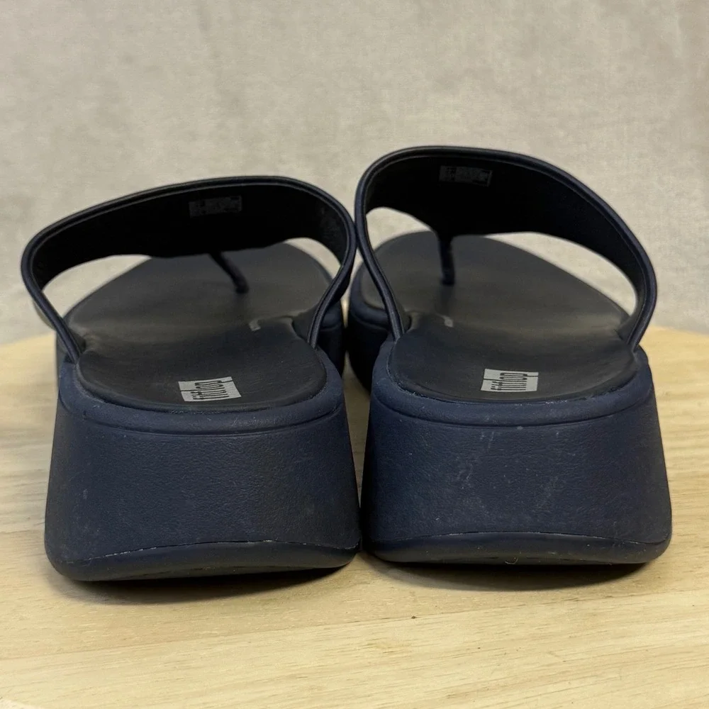 FitFlop Lulu Navy Leather Wedge Sandals Thong Platform FW4-399 Womens 9